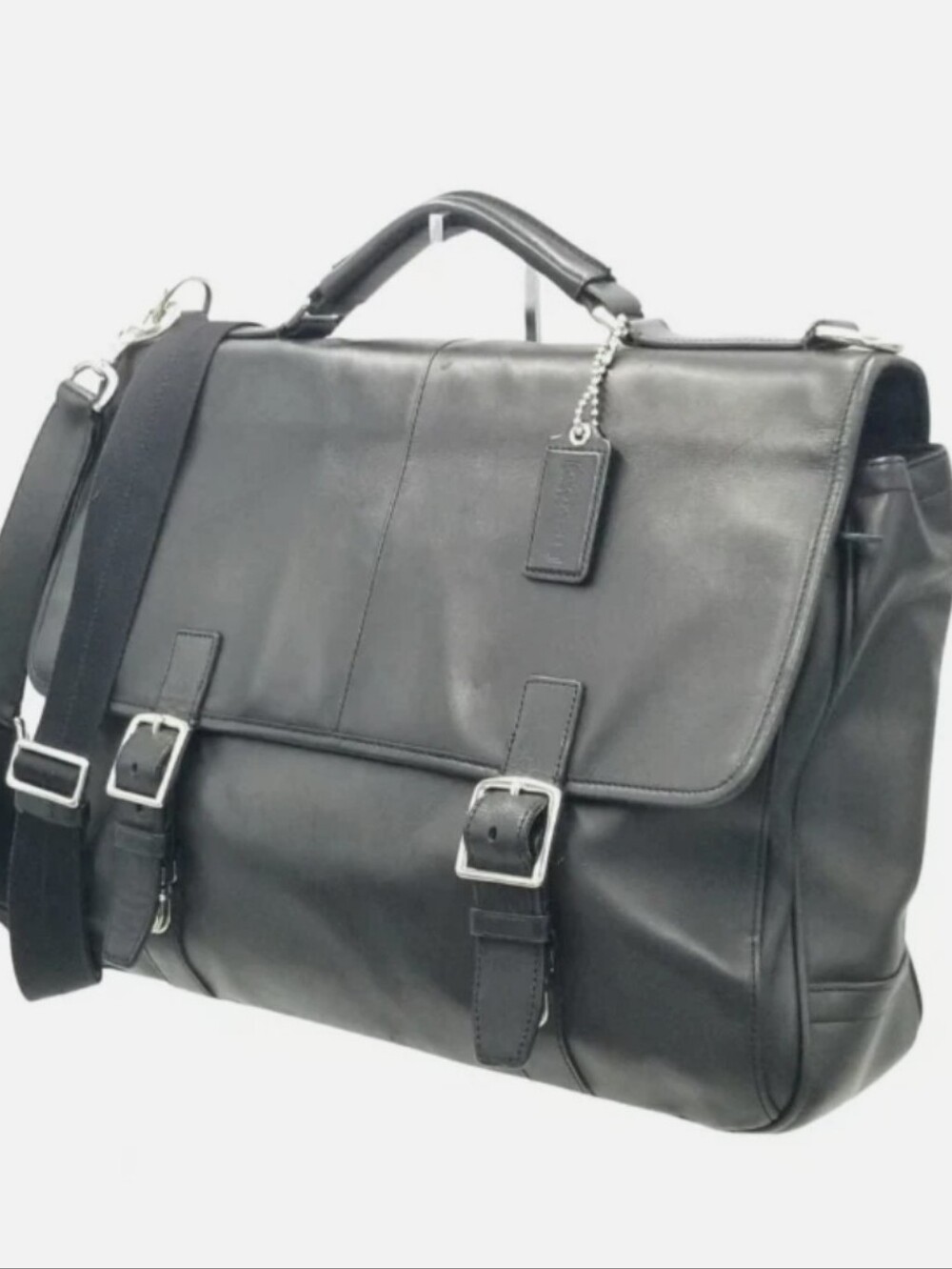 Coach Black Leather Double Buckle Briefcase with Adjustable Strap